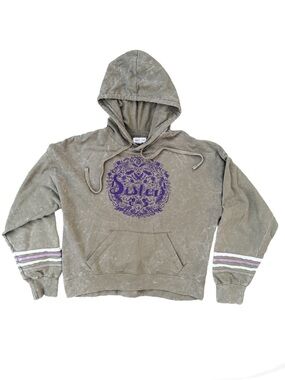 Bloom + Pop Sisters Olive Mineral Wash Graphic Hoodie Sweatshirt Size M Womens